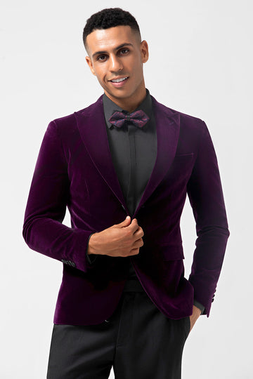Blazer masculino de veludo com lapela de pico roxo escuro e um botão